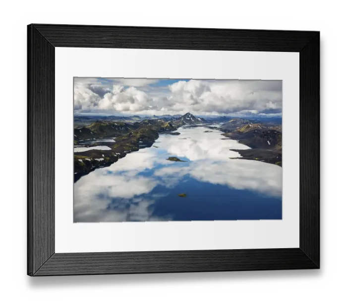 Framed Print : Aerial view, Lake Langisjor, moss-covered mountains