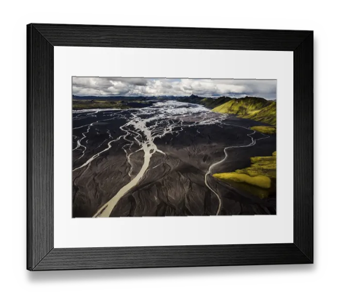 Framed Print : Aerial view, moss-covered mountains and the black sand of Maelifellssandur Desert