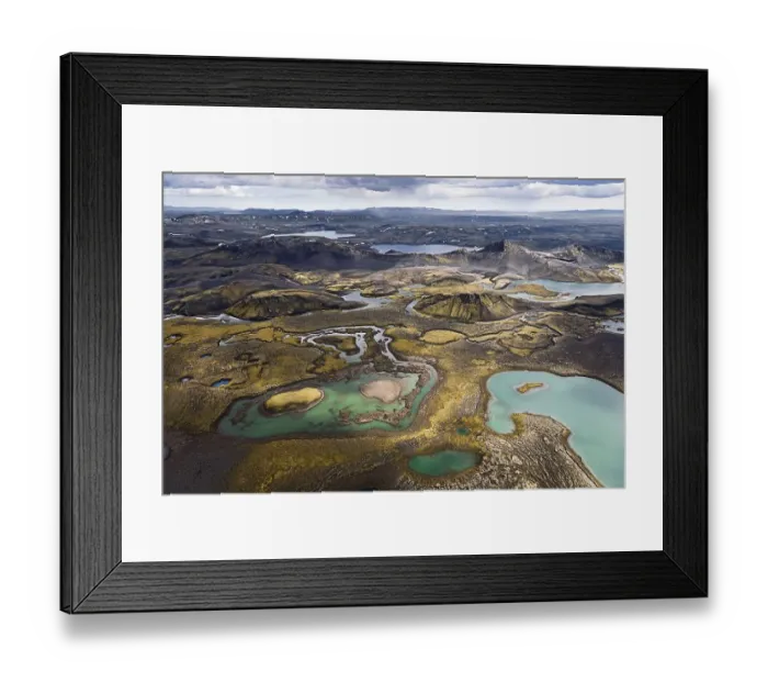 Framed Print : Aerial view of the colourful mountains and waters between the waterways of the Tungna River and Lake Langisjoer