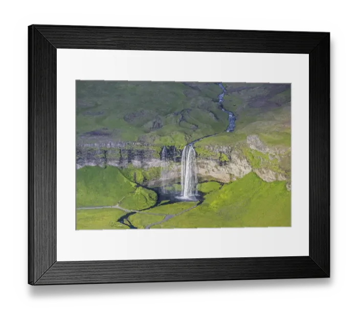 Framed Print : Aerial view over Seljalandsfoss waterfall and the Seljalands River in summer Framed Print : Aerial view over Seljalandsfoss waterfall and the Seljalands River in summer