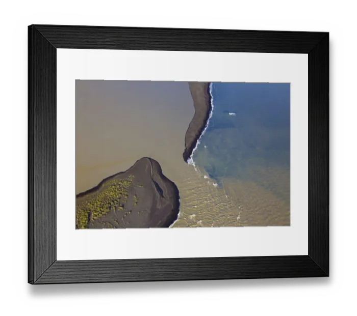 Framed Print : Aerial view over Landeyjarsandur showing beach with black volcanic sand
