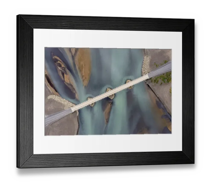 Framed Print : Bridge over glacier river, aerial view Framed Print : Bridge over glacier river, aerial view