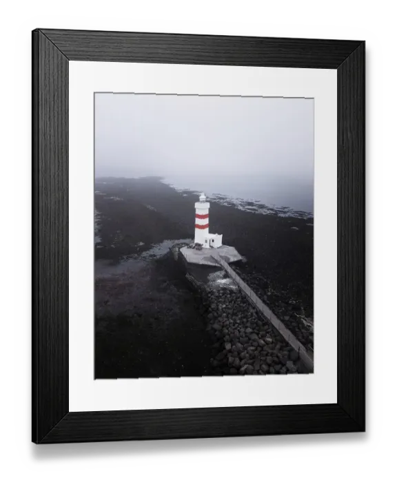 Framed Print : Aerial view, red and white lighthouse Garður Old Lighthouse