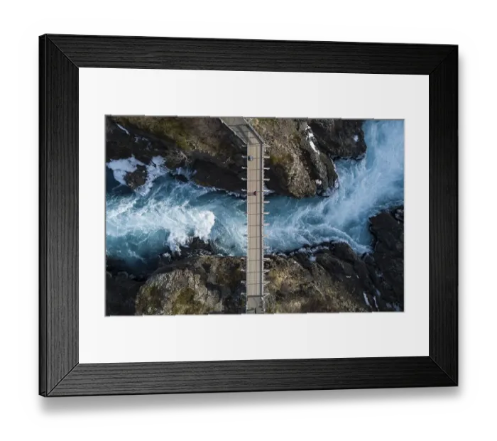 Framed Print : Aerial view, bridge and raging river Hvita from above Framed Print : Aerial view, bridge and raging river Hvita from above