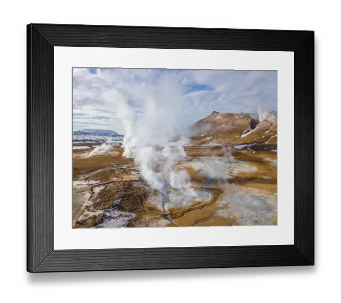 Framed Print : Aerial view, steaming river and fumaroles