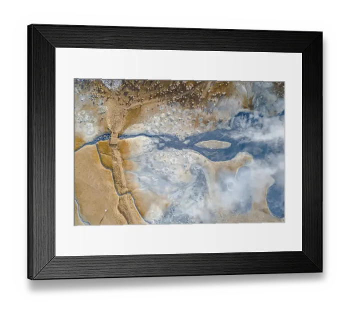 Framed Print : Aerial view, small bridge over steaming river and fumaroles