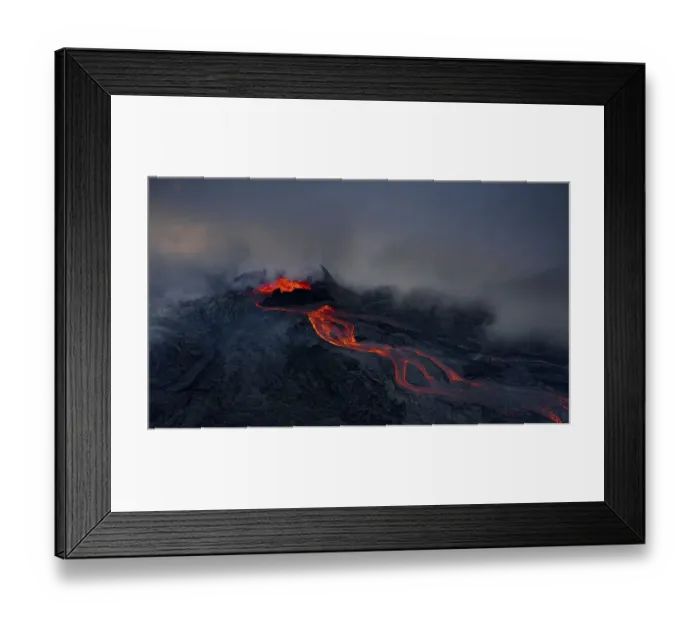 Framed Print : Aerial view, erupting volcano with lava fountains and lava field