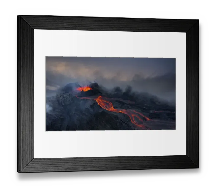 Framed Print : Aerial view, erupting volcano with lava fountains and lava field