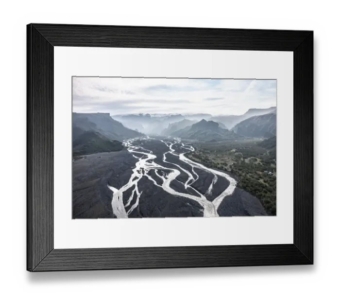 Framed Print : Aerial view, panorama, mountains and glacier river in a mountain valley