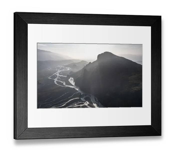 Framed Print : Aerial view, panorama, mountains and glacier river in a mountain valley Framed Print : Aerial view, panorama, mountains and glacier river in a mountain valley