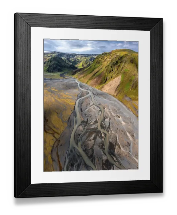 Framed Print : Mountain panorama, volcanic landscape and river