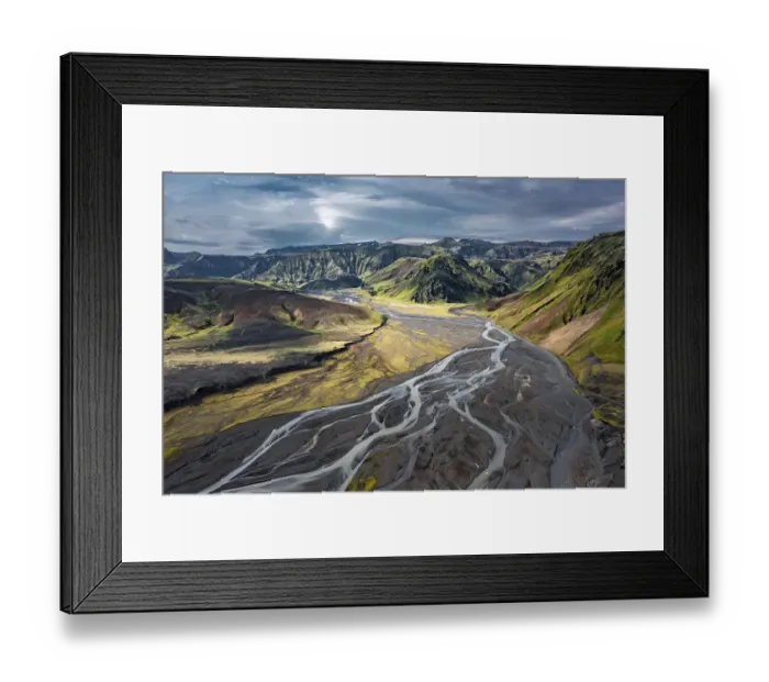 Framed Print : Mountain panorama, volcanic landscape and river Framed Print : Mountain panorama, volcanic landscape and river