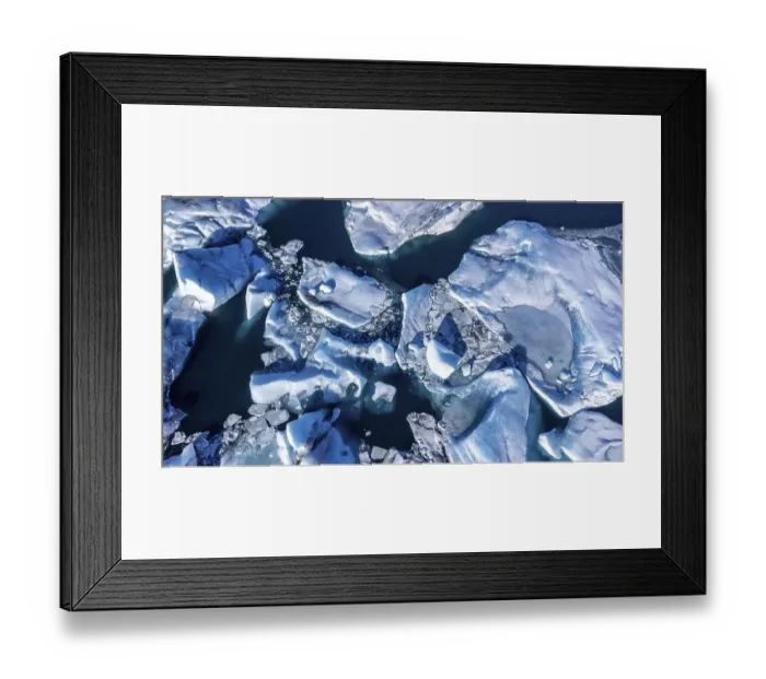 Framed Print : Aerial drone view of floating icebergs in Jokulsarlon glacier lagoon in Iceland