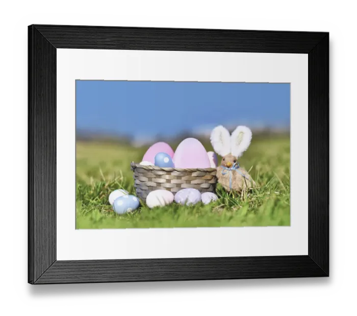 Framed Print : Easter basket with painted eggs and chick with rabbit ears on meadow Framed Print : Easter basket with painted eggs and chick with rabbit ears on meadow