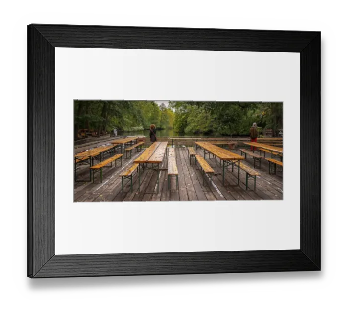 Framed Print : Tables and benches in an empty beer garden in the park Framed Print : Tables and benches in an empty beer garden in the park