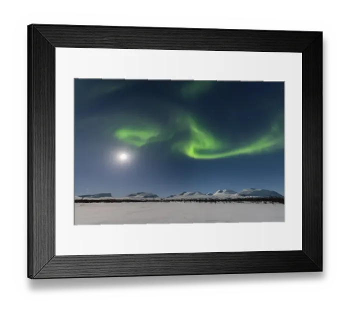 Framed Print : Northern Lights (Aurora Borealis) at full moon over snow-covered mountains