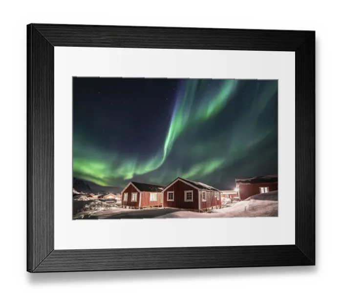 Framed Print : Northern Lights (Aurora Borealis) about Rorbuer huts in winter Framed Print : Northern Lights (Aurora Borealis) about Rorbuer huts in winter
