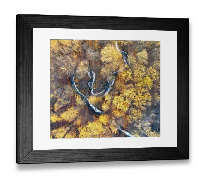 Framed Print : Frozen meander of a low mountain stream in late autumn with beech forest Framed Print : Frozen meander of a low mountain stream in late autumn with beech forest