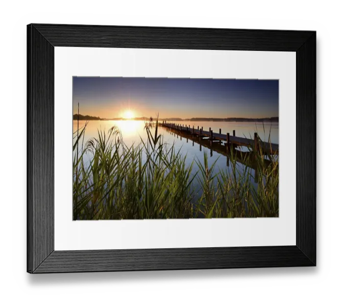 Framed Print : Sunrise, jetty on lake Woerthsee