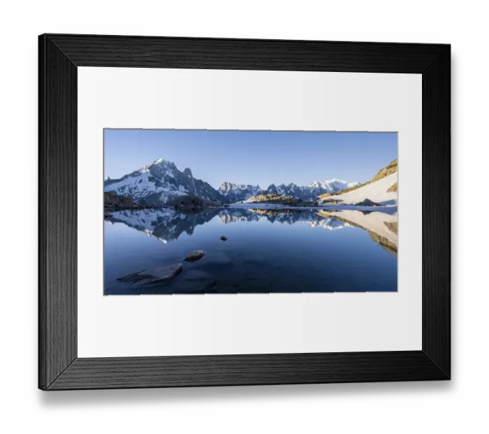 Framed Print : Mountain panorama with water reflection in Lac Blanc Framed Print : Mountain panorama with water reflection in Lac Blanc