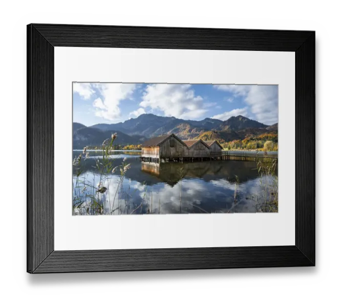 Framed Print : Boathouses at Lake Kochel in autumn