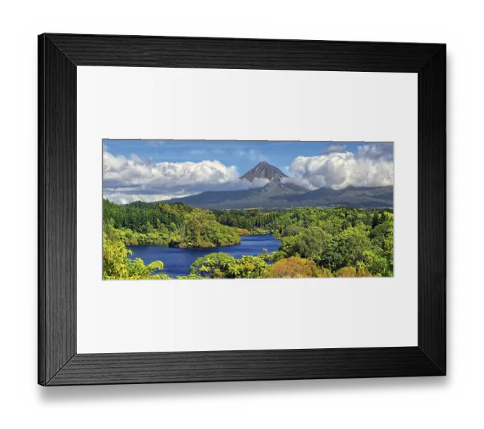 Framed Print : Jungle forest with lake Lake Mangammahoe and volcano Mount Taranaki