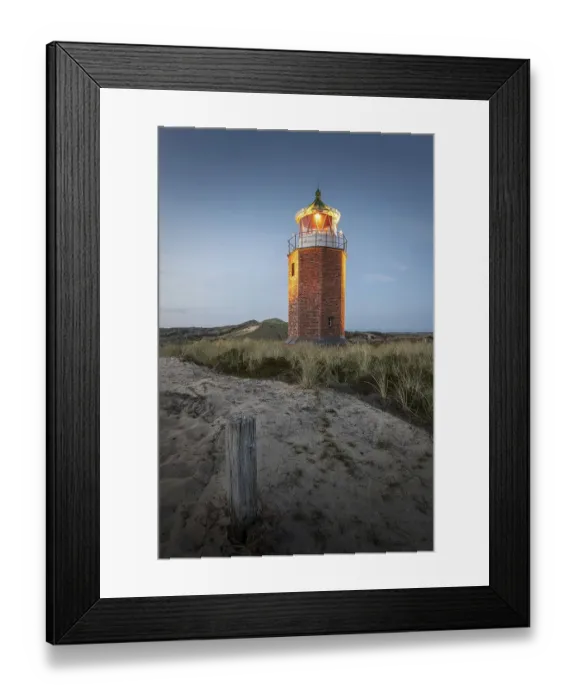 Framed Print : Cross light, lighthouse with sand dune in the evening light