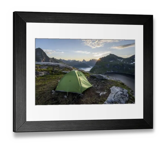 Framed Print : Wild camping with tent, sun shining over mountain landscape with fjord and lake Krokvatnet