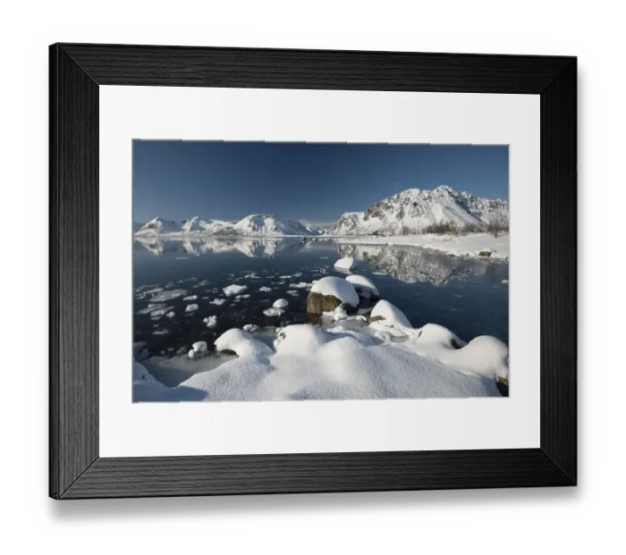 Framed Print : Wintry fjord with mountains, Vagan