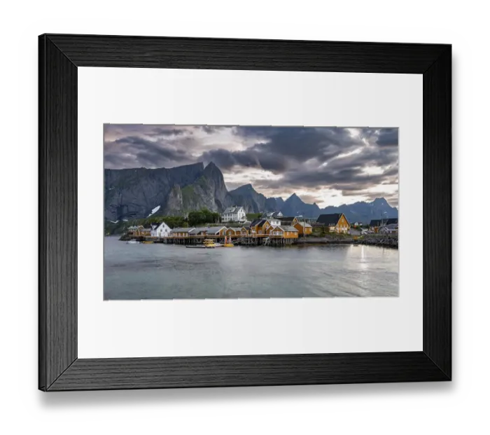 Framed Print : Traditional yellow rorbuer cabins on Sakrisoya Island