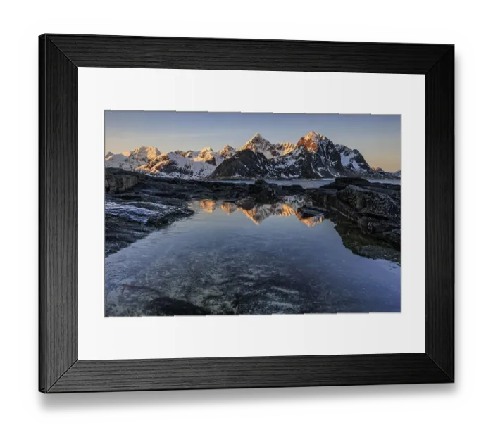 Framed Print : Sunrise, morning light, steep mountains by the sea