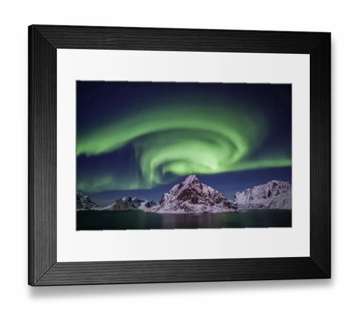 Framed Print : Green northern lights reflected in fjord