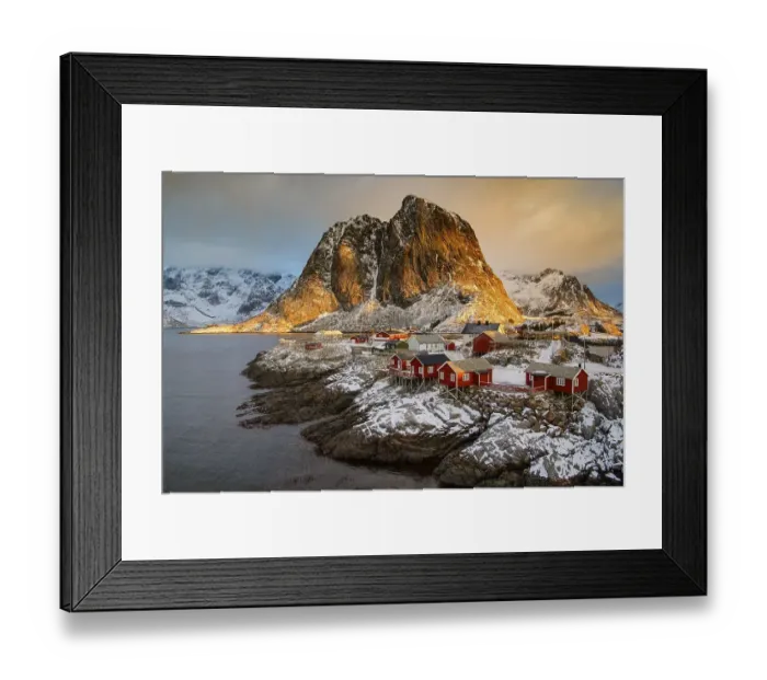 Framed Print : Winter Scandinavian landscape with illuminated red houses Framed Print : Winter Scandinavian landscape with illuminated red houses