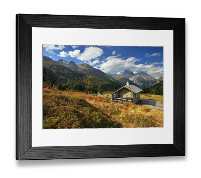 Framed Print : Mountain landscape with mountain hut in autumn Framed Print : Mountain landscape with mountain hut in autumn