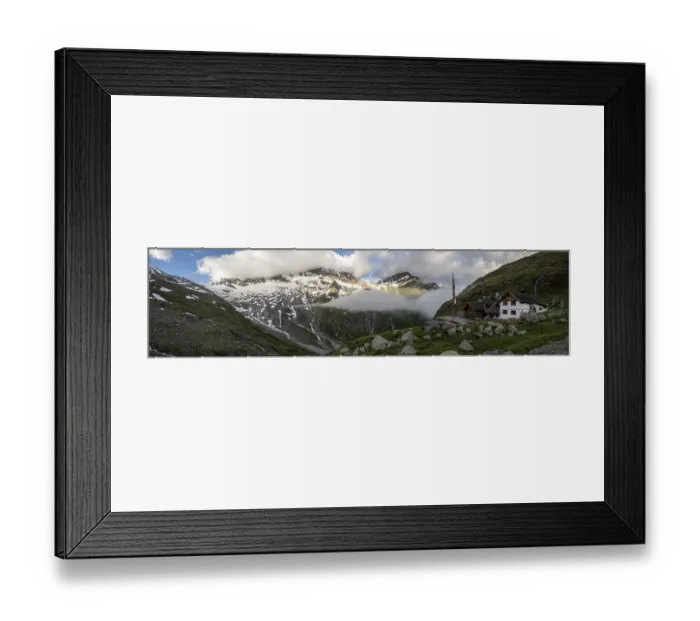 Framed Print : Panoramic view, Furtschaglhaus with mountains in clouds Framed Print : Panoramic view, Furtschaglhaus with mountains in clouds
