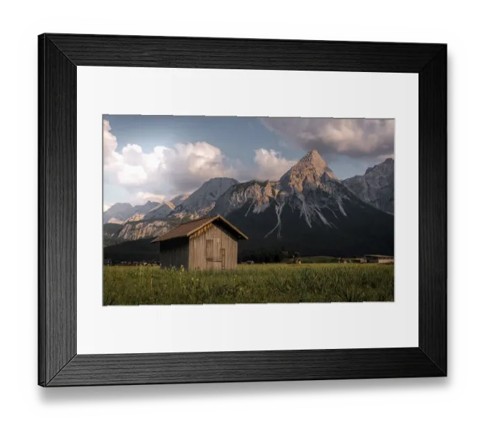 Framed Print : Haystack, hut in a meadow, Sonnenspitze at the back Framed Print : Haystack, hut in a meadow, Sonnenspitze at the back
