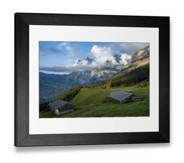 Framed Print : Evening mood, mountain huts, alpine pasture Framed Print : Evening mood, mountain huts, alpine pasture