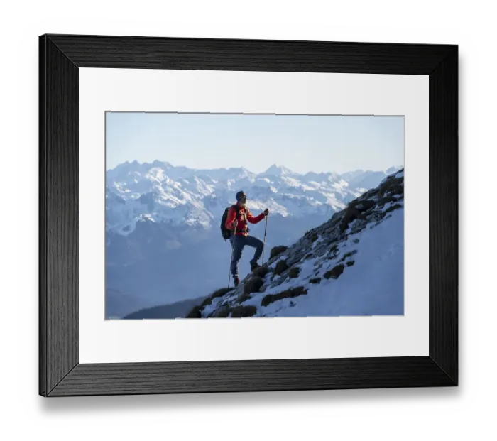 Framed Print : Mountaineers on the rocky summit ridge with the first snow in autumn Framed Print : Mountaineers on the rocky summit ridge with the first snow in autumn