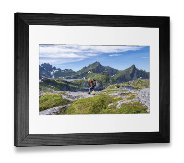 Framed Print : Mountaineer, mountain landscape with rocky pointed peaks and lakes Framed Print : Mountaineer, mountain landscape with rocky pointed peaks and lakes