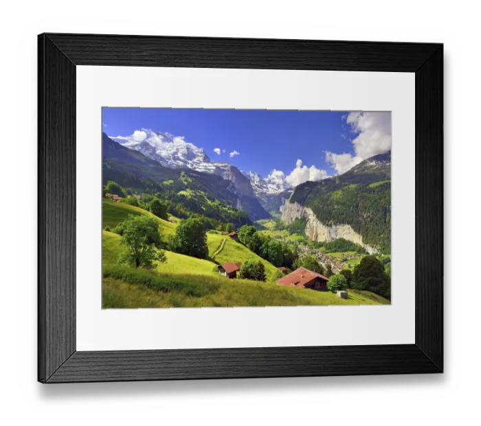 Framed Print : View from Wengen to Lauterbrunnen Valley and Bernese Alps with Mount Jungfrau Framed Print : View from Wengen to Lauterbrunnen Valley and Bernese Alps with Mount Jungfrau