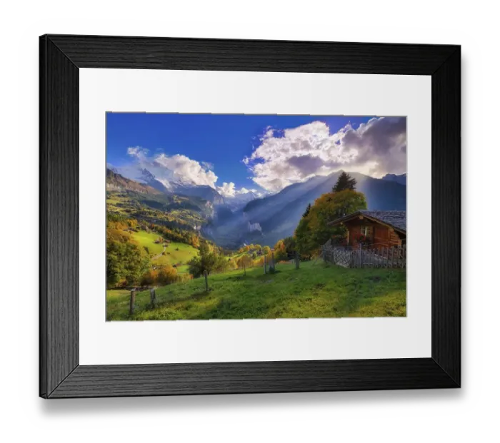 Framed Print : View from Wengen in autumn of the Lauterbrunnen Valley and the Bernese Alps at sunset