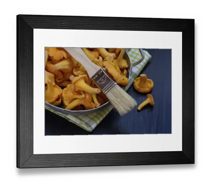 Framed Print : Chanterelles with brush, cleaning mushrooms Framed Print : Chanterelles with brush, cleaning mushrooms