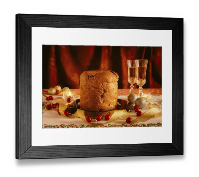 Framed Print : Christmas cake and sparkling wine with Christmas decorations