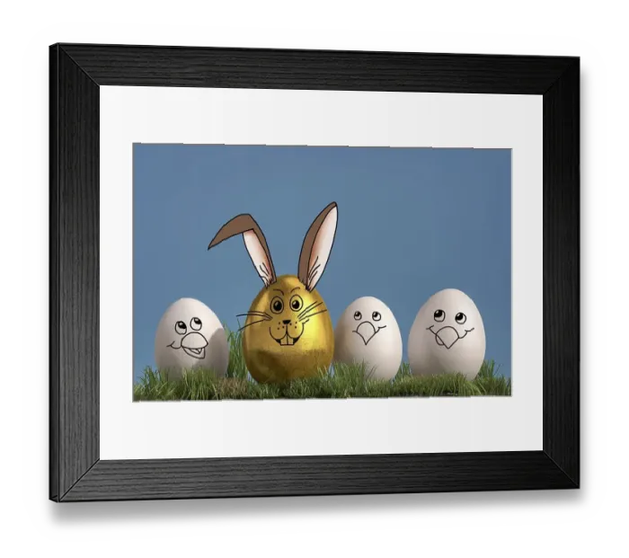 Framed Print : Three white eggs with painted chicken faces chicks and one golden egg with a painted rabbit face Framed Print : Three white eggs with painted chicken faces chicks and one golden egg with a painted rabbit face