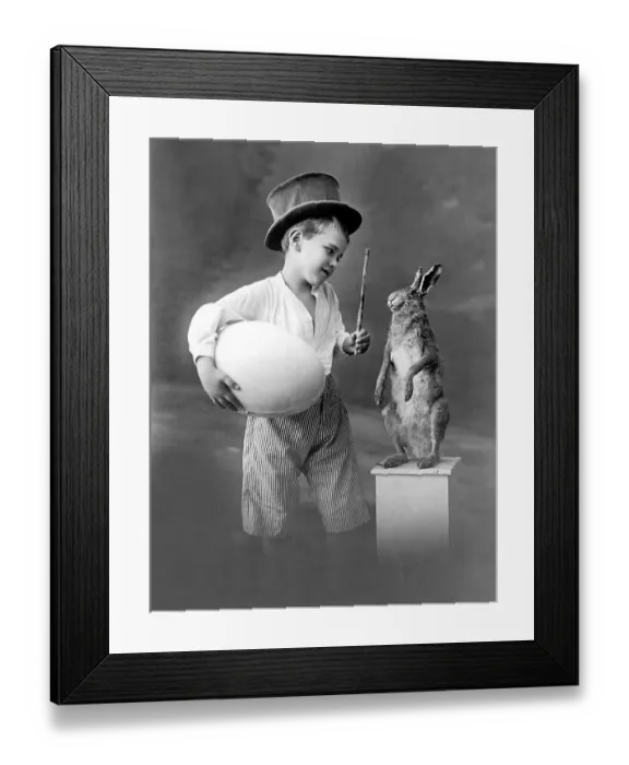 Framed Print : Historic photograph, Easter, boy with a huge egg and a hare
