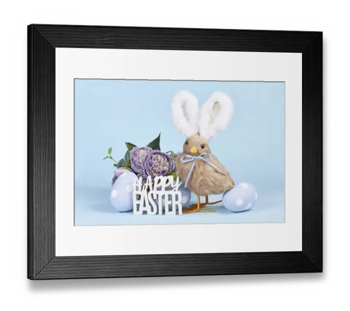 Framed Print : Easter chick with bunny ears, painted eggs and text Happy Easter on blue background