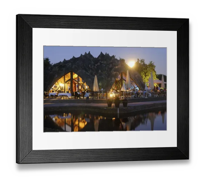 Framed Print : Midsummer night, cafe on the lake with a full moon