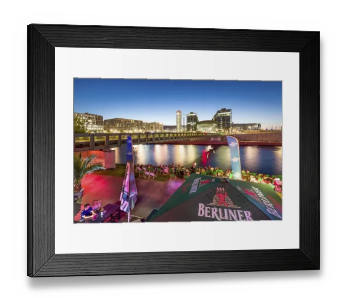 Framed Print : Beach bar Capital Beach at dusk at the river Spree opposite central railway station Framed Print : Beach bar Capital Beach at dusk at the river Spree opposite central railway station
