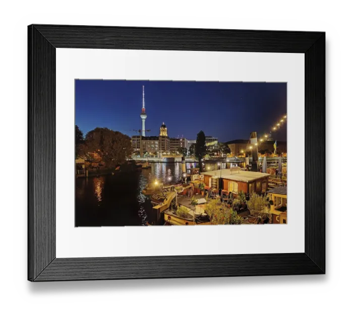 Framed Print : Historic harbour with museum ships and television tower in the blue hour