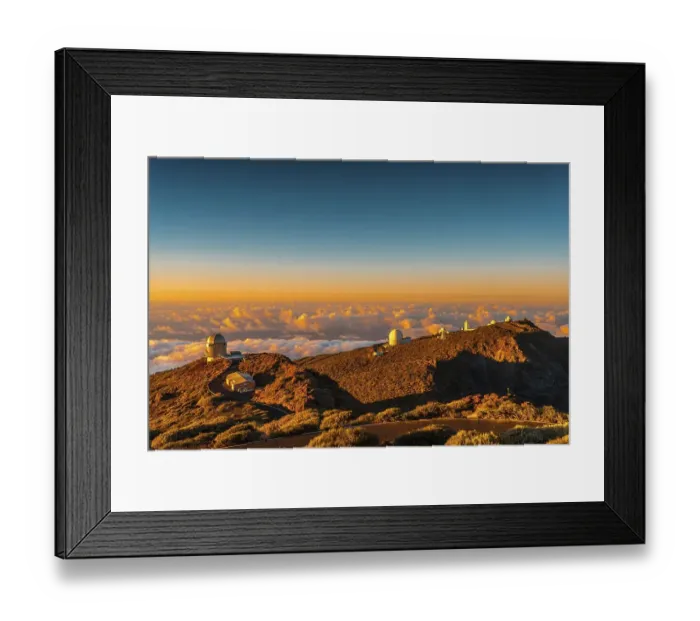 Framed Print : Observatories of Roque de los Muchachos in the Caldera de Taburiente in a beautiful orange sunset